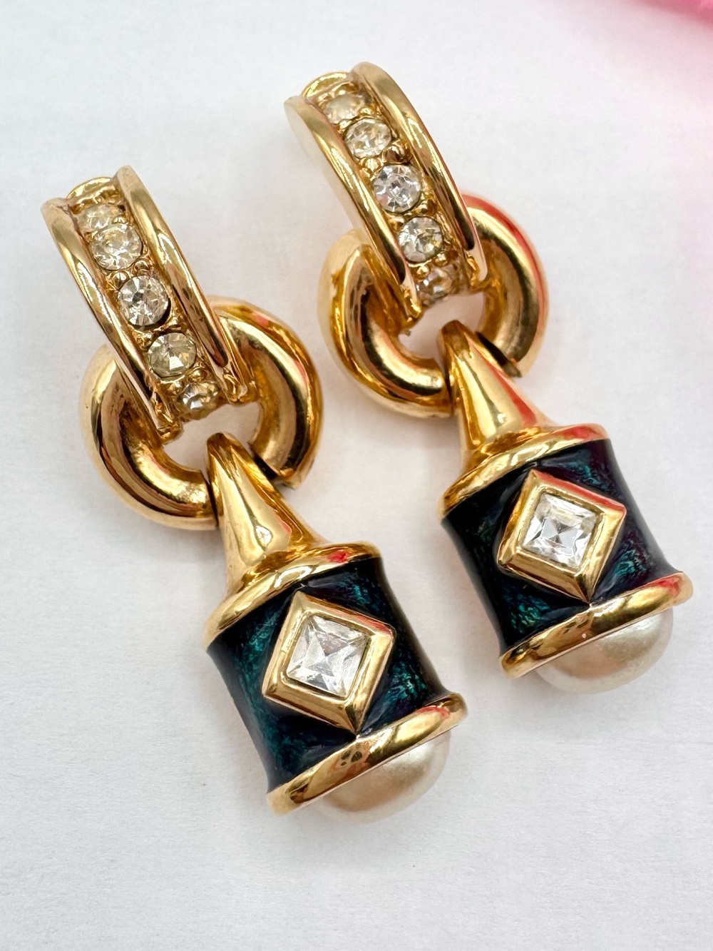 Vintage Piscitelli Blue Guilloche Door Knocker Earrings Gold Tone Rhinestones
